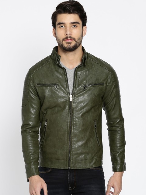 

The Indian Garage Co Men Olive Green Solid Biker Jacket