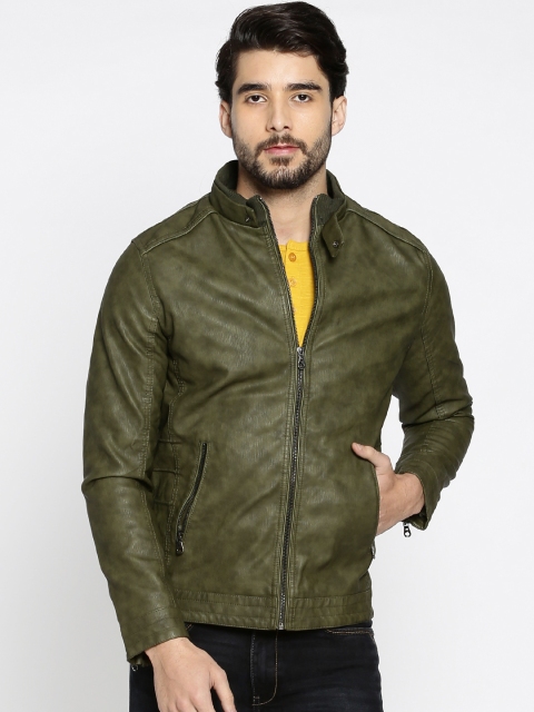 

The Indian Garage Co Men Olive Green Solid Biker Jacket
