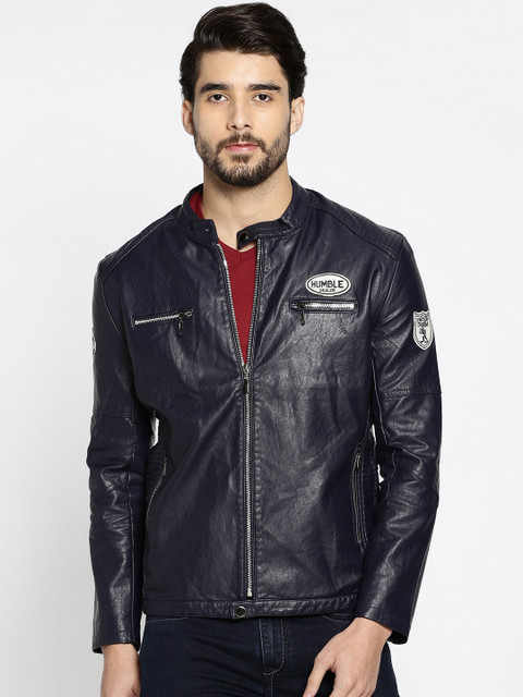 

The Indian Garage Co Men Navy Solid Biker Jacket, Navy blue