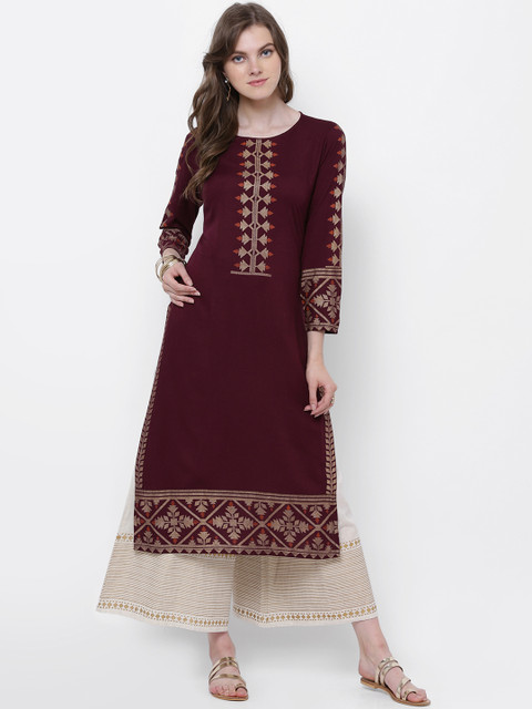 

Vishudh Women Burgundy Printed Straight Kurta
