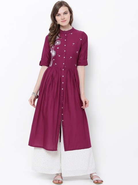 

Vishudh Women Magenta Solid Anarkali Kurta with Embroidered Detail