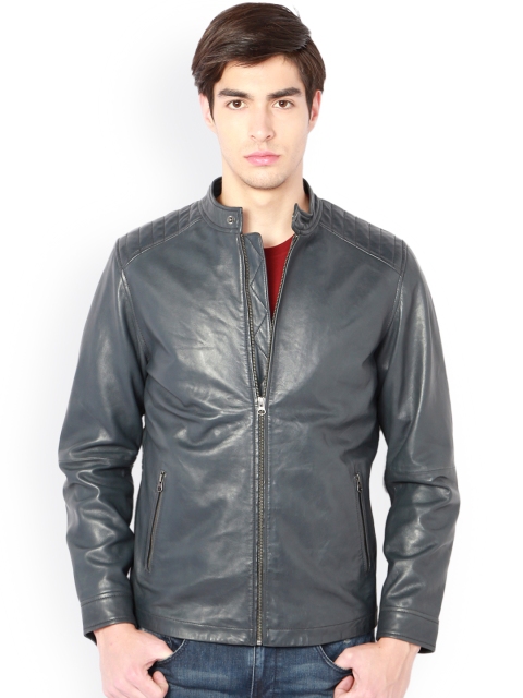 

V Dot Men Grey Solid Biker Jacket