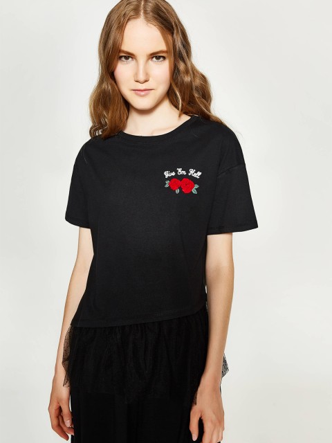 

OVS Women Black Printed Detail Round Neck T-shirt