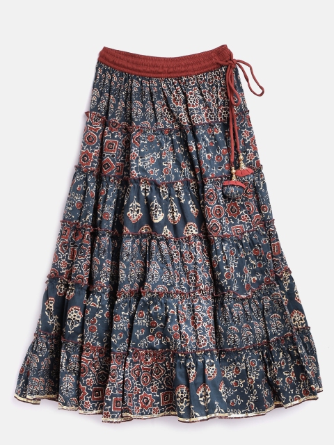 

Biba Girls Navy Ethnic Print Flared Maxi Pure Cotton Skirt, Navy blue