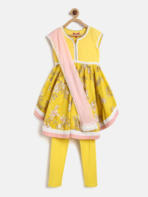

Biba Girls Yellow Self Design Kurta with Churidar & Dupatta