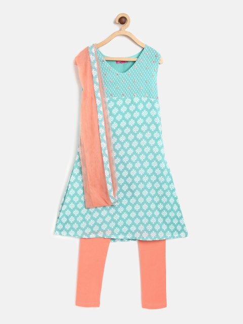 

Biba Girls Blue & Pink Self Design Kurta with Churidar & Dupatta
