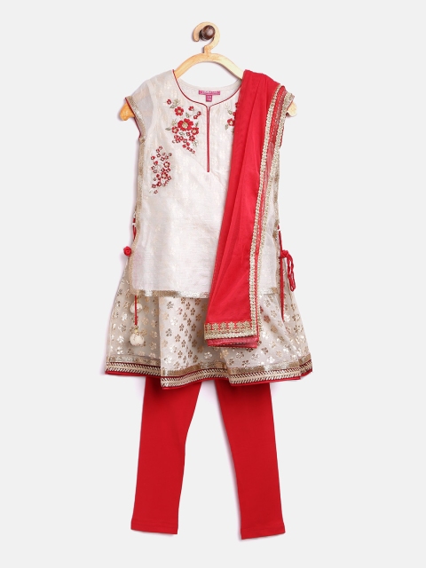 

Biba Girls Cream-Coloured & Red Patterned Layered Kurta with Churidar & Dupatta