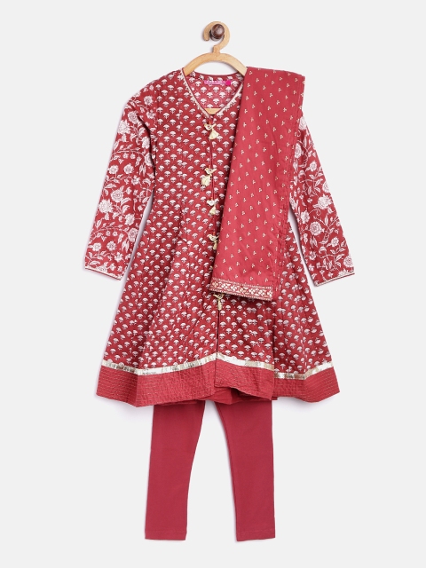 

Biba Girls Rust Red & Off-White Printed Kurta with Churidar & Dupatta