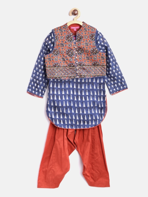 

Biba Girls Navy Blue & Rust Red Printed Kurta with Salwar & Ethnic Jacket