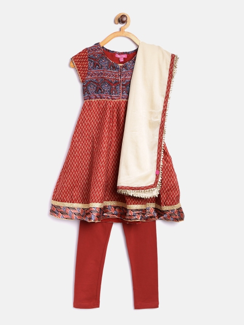 

Biba Girls Maroon & Cream-Coloured Printed Kurta with Churidar & Dupatta