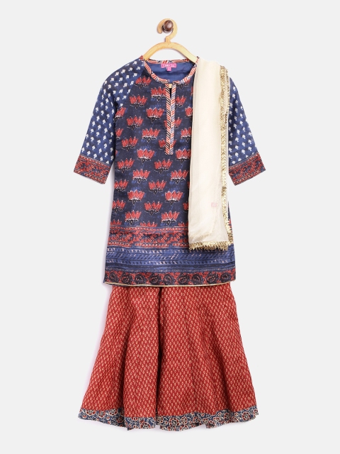 

Biba Girls Navy & Maroon Printed Kurta with Palazzos & Dupatta, Navy blue