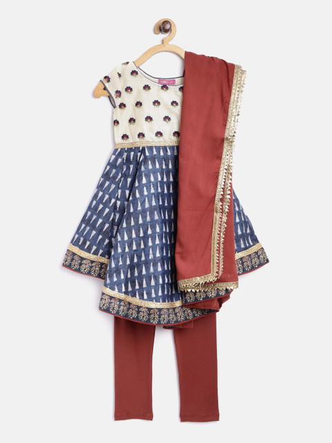 

Biba Girls Blue & Rust Red Printed Kurta with Churidar & Dupatta