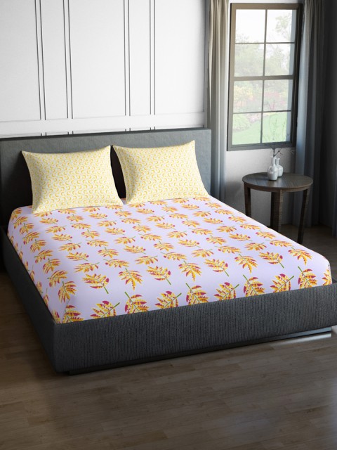 

SPACES White & Yellow 144 TC Cotton Double Bedsheet with 2 Pillow Covers