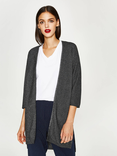 

OVS Women Charcoal Grey Solid Front-Open Cardigan