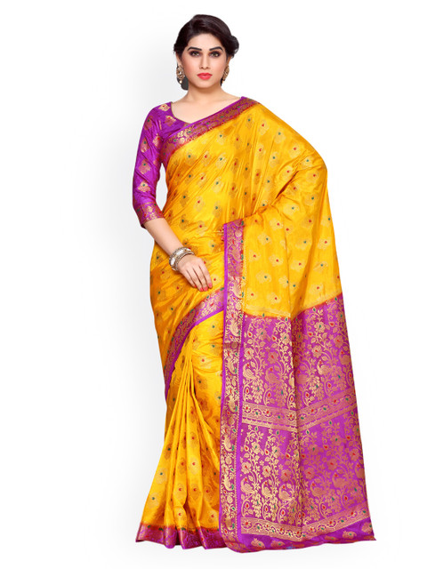 

MIMOSA Yellow & Purple Art Silk Embellished Kanjeevaram Saree