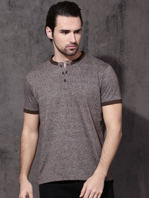 

Roadster Men Brown Self-Design Mandarin Collar T-shirt