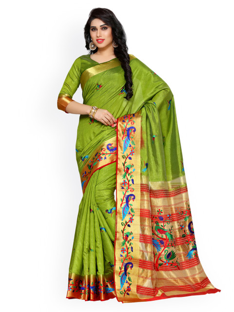 

MIMOSA by Kupinda Olive Green Art Silk Embroidered Kanjeevaram Saree
