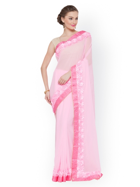 

Kvsfab Pink Solid Pure Georgette Saree