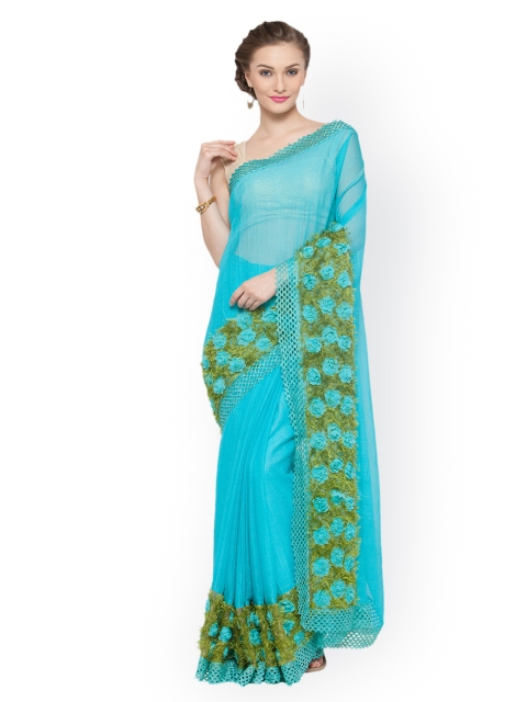 

Kvsfab Turquoise Blue & Green Pure Chiffon Solid Saree