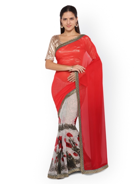 

Colors Red & Off-White Poly Georgette Floral Print Saree