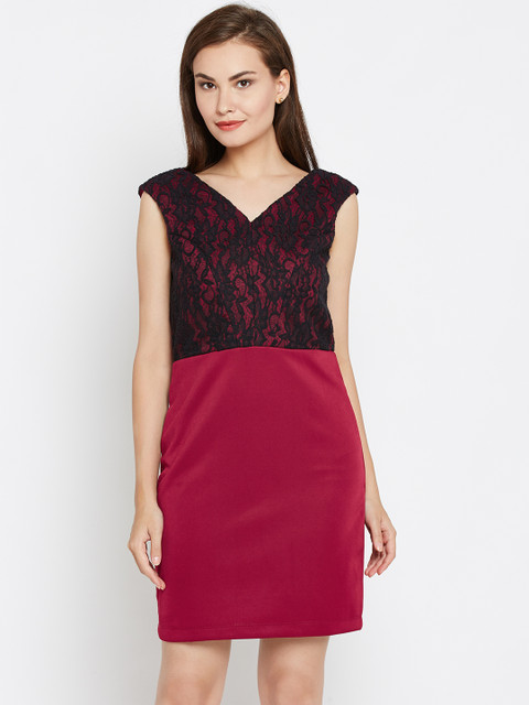 

Wills Lifestyle Women Maroon & Black Self-Design Sheath Dress