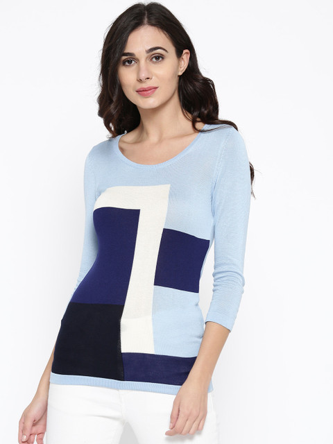 

Wills Lifestyle Women Blue Colourblocked Semi-Sheer Fitted Top