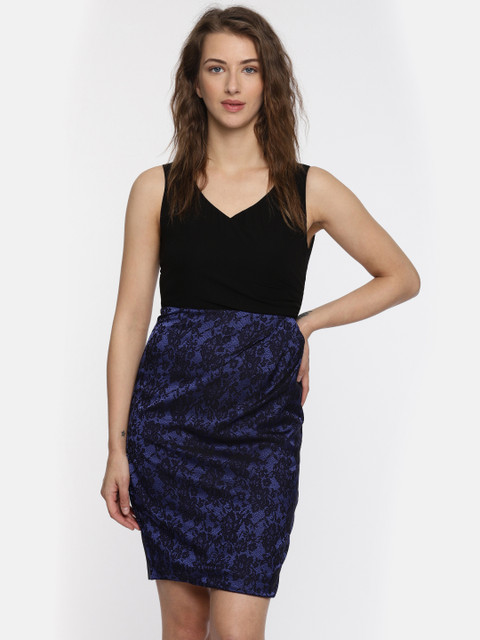 

Wills Lifestyle Women Black & Blue Self-Design Sheath Dress
