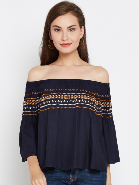 

Wills Lifestyle Women Navy Blue Embroidered Detail Bardot Top