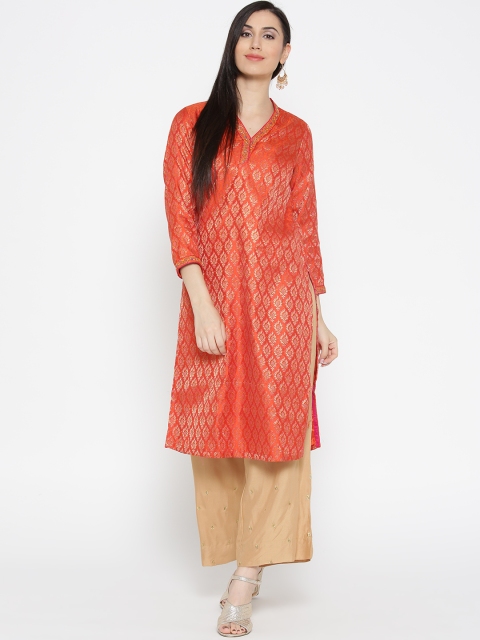 

Biba Women Orange & Pink Woven Design Straight Kurta