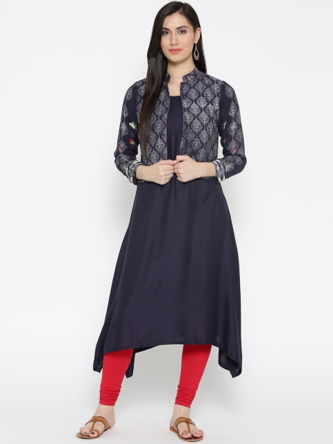 

Biba Women Navy Solid A-Line Asymmetric Kurta with Printed Ethnic Jacket, Navy blue
