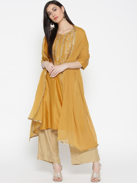 

Biba Women Mustard Yellow & Beige Embroidered Kurta with Palazzos & Dupatta
