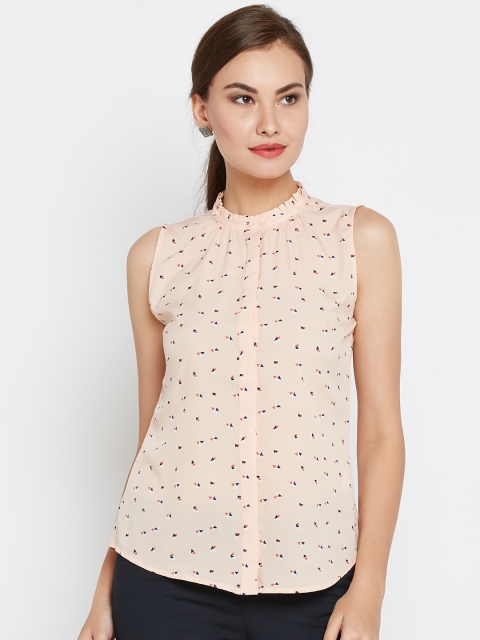 

Wills Lifestyle Women Peach-Coloured Printed Sleeveless Formal Shirt