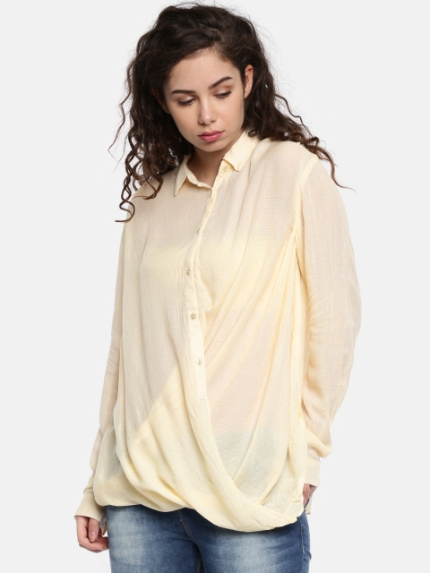 

Wills Lifestyle Women Cream-Coloured Self-Design Semi-Sheer Shirt Style Top