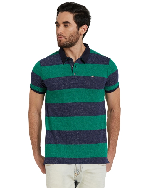 

SPYKAR Men Green & Navy Striped Polo Collar T-shirt