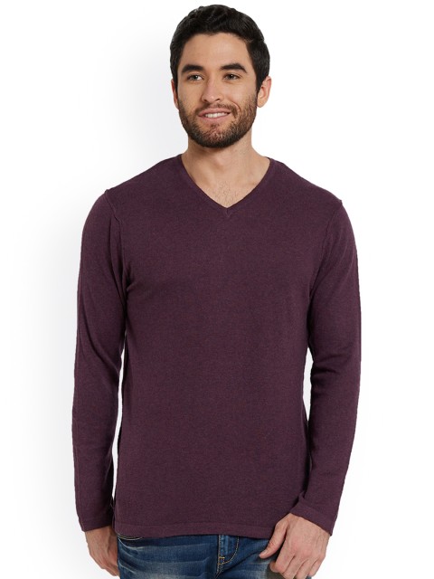 

SPYKAR Men Burgundy Solid V-Neck T-shirt