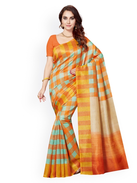 

Ishin Orange & Sea Green Art Silk Checked Bhagalpuri Saree
