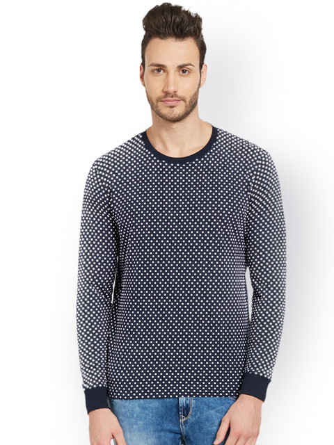 

SPYKAR Men Navy Blue Printed V-Neck T-shirt