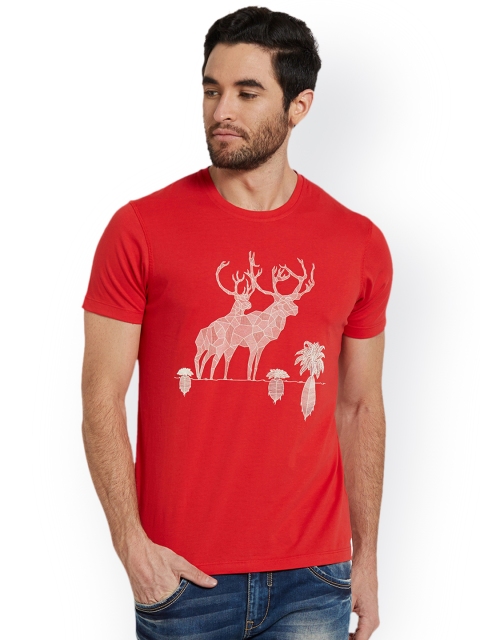 

SPYKAR Men Red Printed Round Neck Slim Fit T-shirt