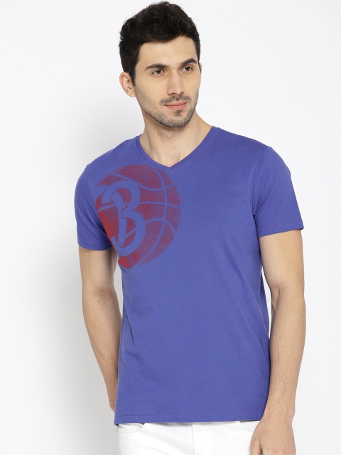 

SPYKAR Men Blue Printed V-Neck T-shirt