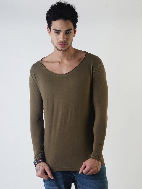 

Blue Saint Men Olive Green Solid Slim Fit Boat Neck T-shirt