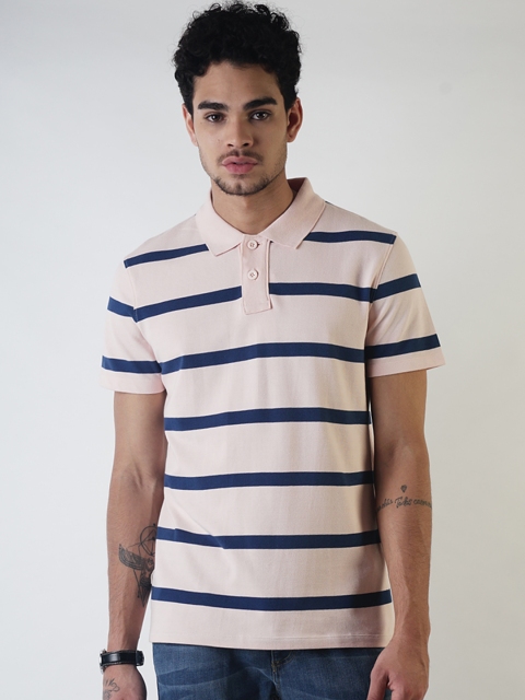 

Blue Saint Men Pink & Blue Striped Polo Collar Slim Fit T-shirt