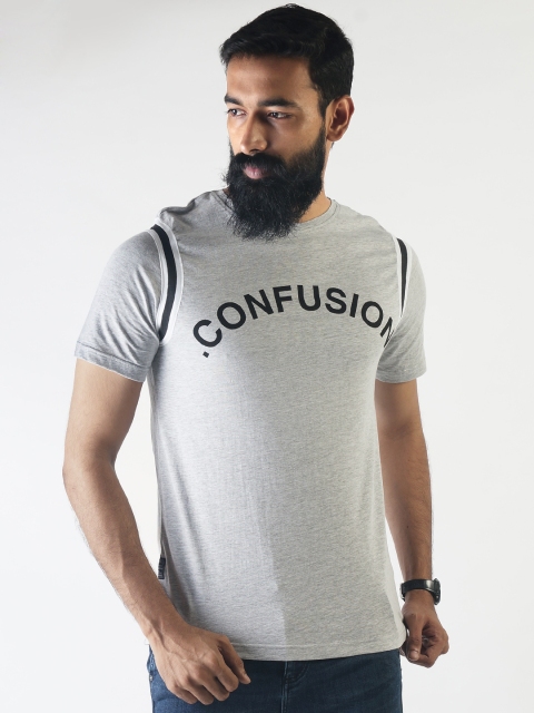 

Blue Saint Men Grey Printed Round Neck Slim Fit T-shirt