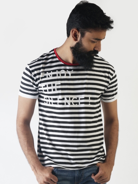 

Blue Saint Men White & Black Striped & Printed Round Neck Slim Fit T-shirt