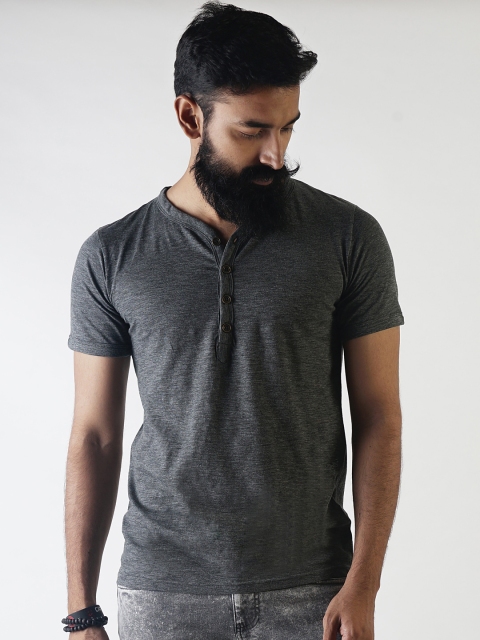 

Blue Saint Men Grey Solid Henley Neck Slim Fit T-shirt