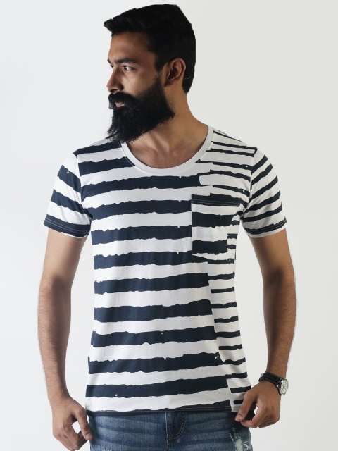 

Blue Saint Men White & Navy Striped Round Neck Slim Fit T-shirt