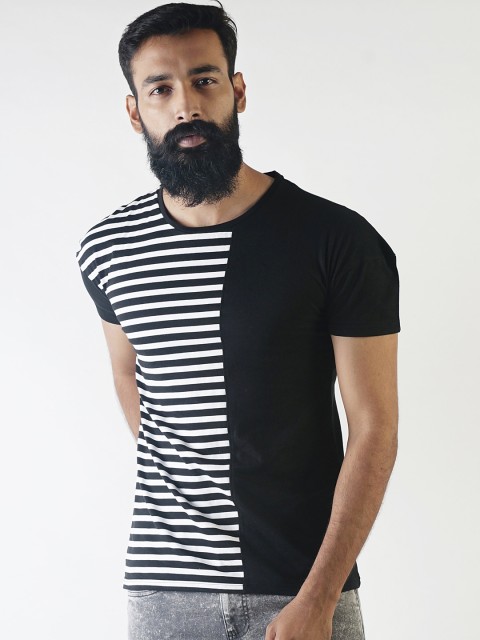 

Blue Saint Men Black & White Striped Slim Fit Round Neck T-shirt