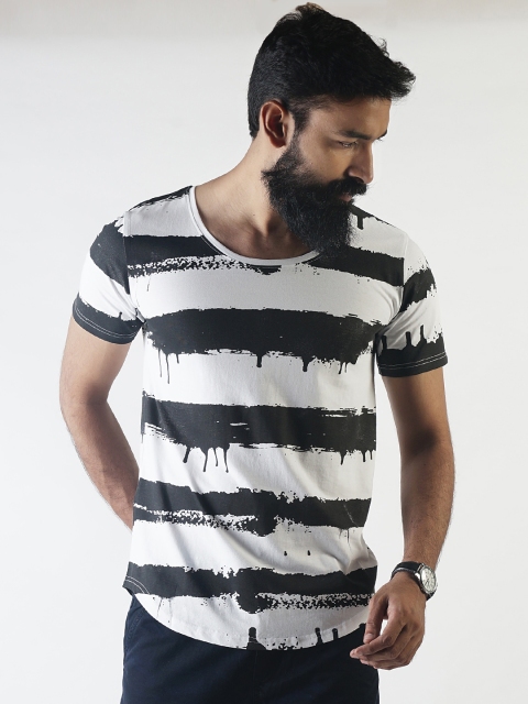 

Blue Saint Men White & Black Striped Round Neck Slim Fit T-shirt