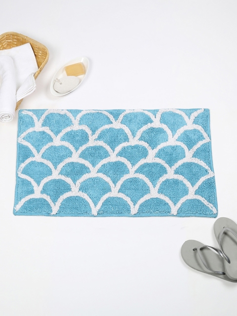 

House This Turquoise Blue & White Printed Cotton Rectangular Bath Rug