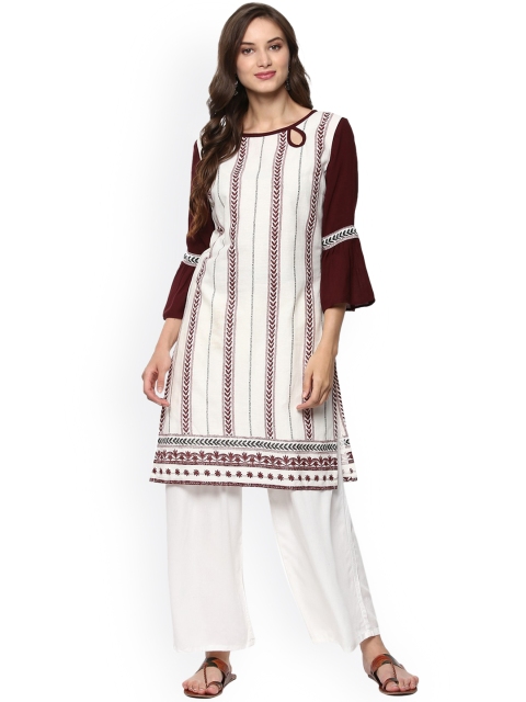

Pannkh Women Off-White & Maroon Printed Straight Kurta