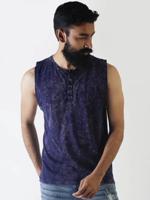 

Blue Saint Men Navy Blue Printed Slim Fit Henley Neck Sleeveless T-shirt